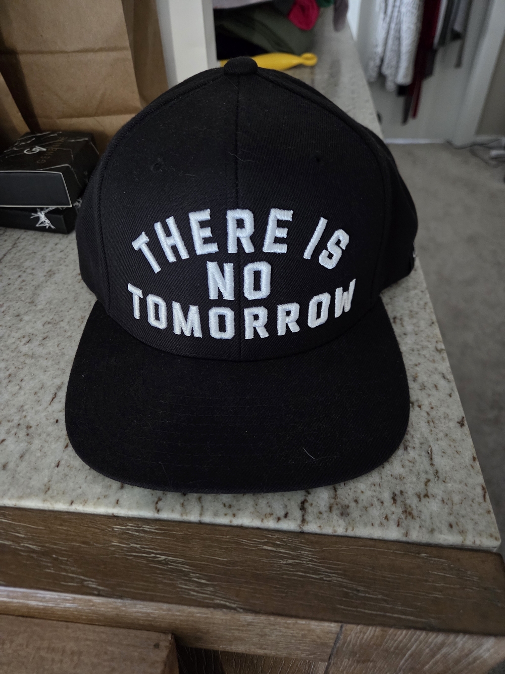 Black Snapback Hat with "THERE IS NO TOMORROW" Embroidery
